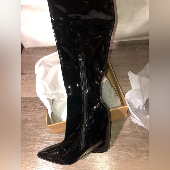 ASOS Krissy Black Patent Wedge OTK Thigh Boots New - Picture 6 of 8